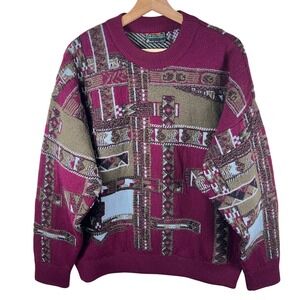 Vintage 90s Abstract Geometric Knit Sweater Loud Hip‎ Hop Era Graphic Streetwear